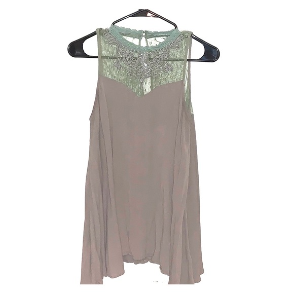 Long Olive Green Shift Blouse with Lace Overlay - Picture 1 of 1